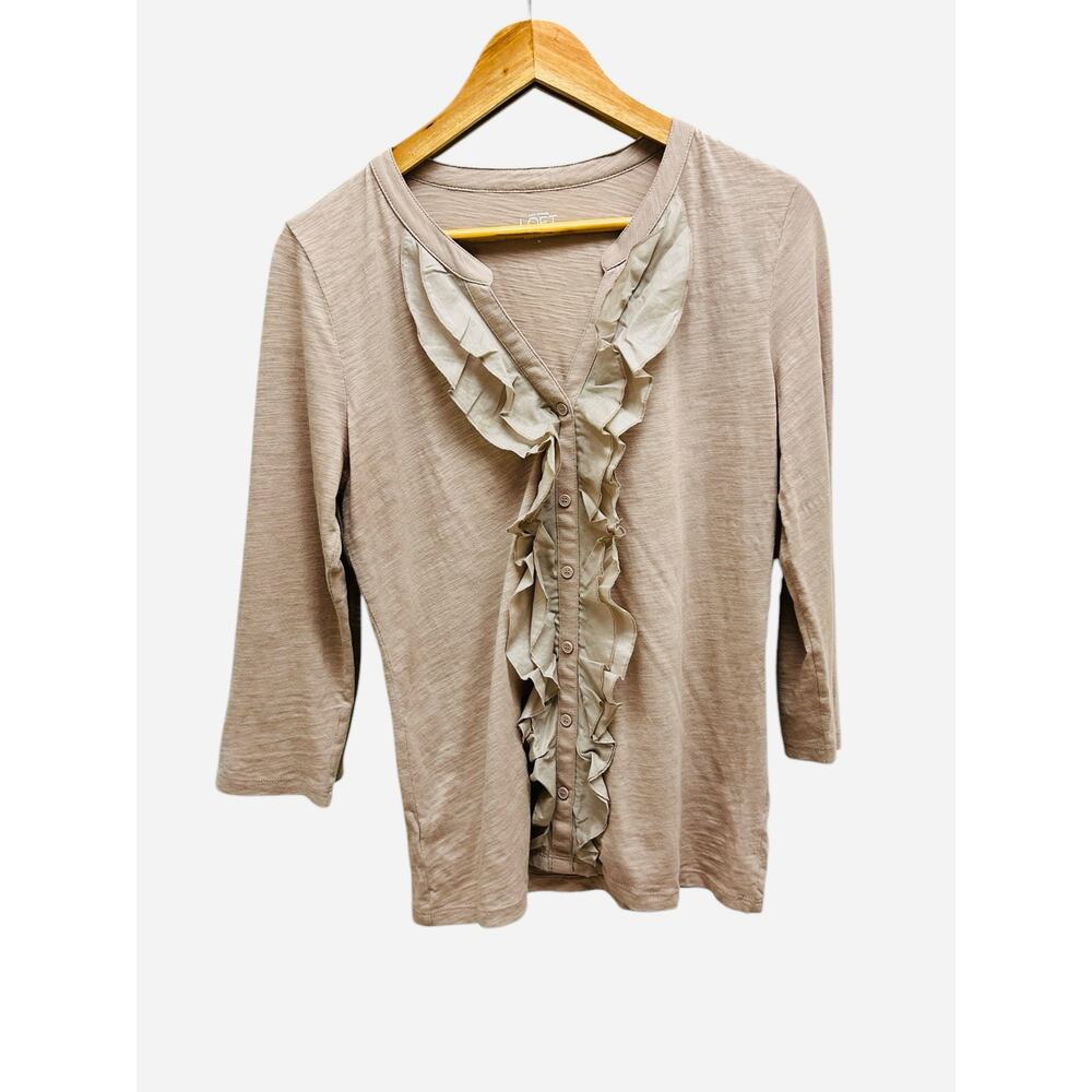 Ann Taylor LOFT Ruffle Button Cardigan Top‎ Cotton Medium Beige